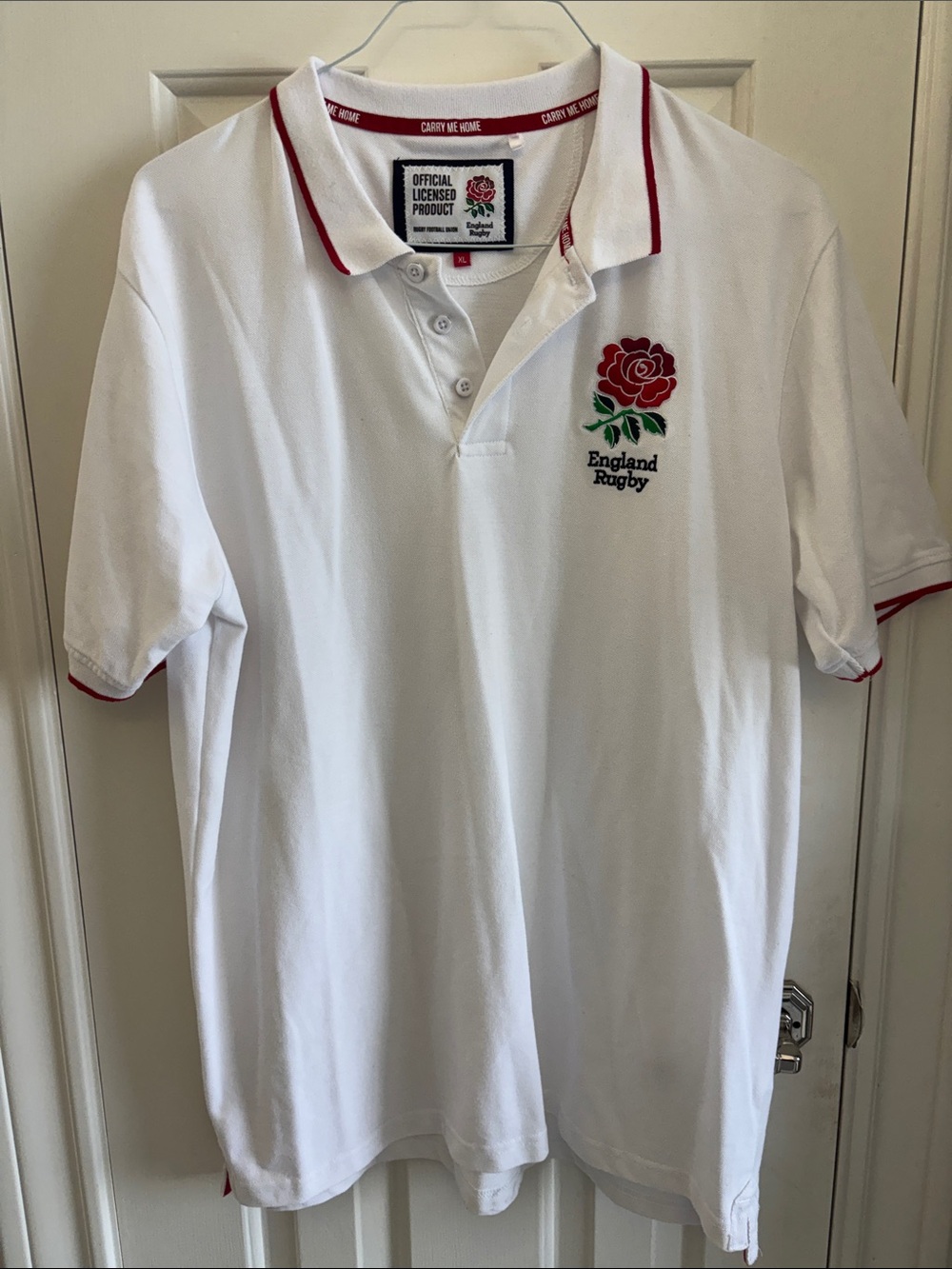England Rugby White Polo with Red Trim and Rose Crest